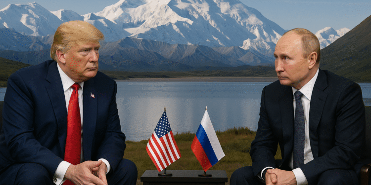 Former U.S. President Donald Trump and Russian President Vladimir Putin meeting in Alaska, shaking hands in a formal setting, with snowy mountains in the background.
