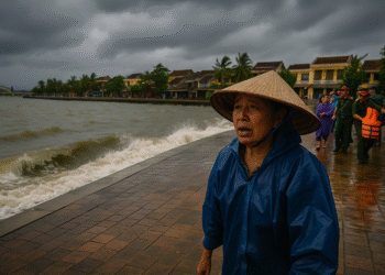 A realistic photograph of Vietnamese families evacuating ahead of Typhoon Kajiki, with buses, soldiers, and storm clouds in the background.