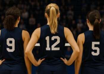 Three female volleyball players in navy blue jerseys, showing only their backs and jersey numbers (9, 12, and 5), standing on an indoor court facing the net during a professional match