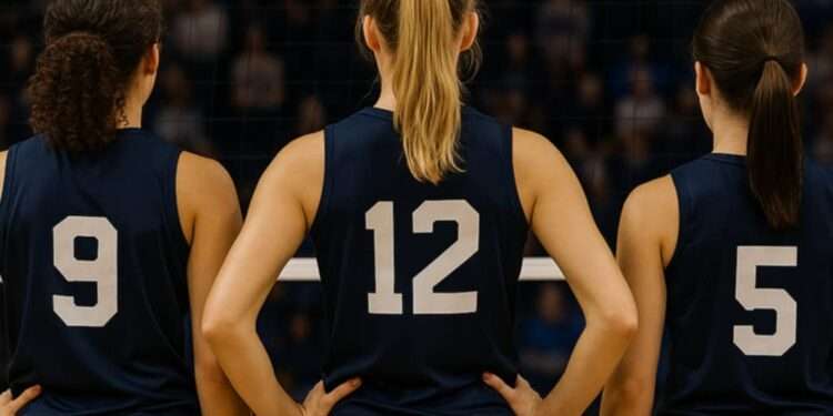Indy Ignite Brings Global Spotlight to Women's Volleyball 1 Three female volleyball players in navy blue jerseys, showing only their backs and jersey numbers (9, 12, and 5), standing on an indoor court facing the net during a professional match
