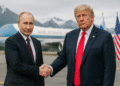 Trump and Putin Alaska Summit: Historic Talks on Ukraine 14 "Donald Trump and Vladimir Putin shake hands in Anchorage, Alaska, with Air Force One and national flags in the background during a high-stakes summit."
