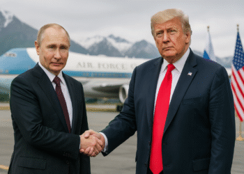 "Donald Trump and Vladimir Putin shake hands in Anchorage, Alaska, with Air Force One and national flags in the background during a high-stakes summit."