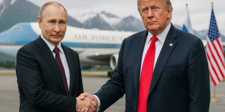 "Donald Trump and Vladimir Putin shake hands in Anchorage, Alaska, with Air Force One and national flags in the background during a high-stakes summit."