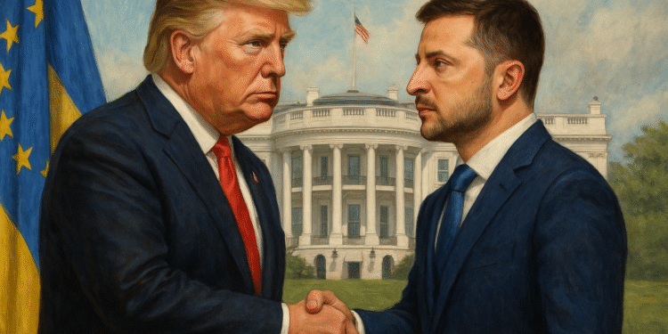 Illustration of Donald Trump and Volodymyr Zelensky meeting, symbolizing the upcoming August 18 talks and expectations for US–Ukraine relations."