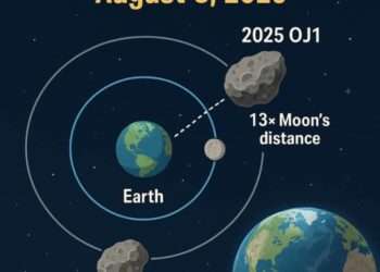 Illustration showing two giant asteroids, 2025 OJ1 and 2019 CO1, passing Earth on August 8, 2025, with their distances in Moon units.