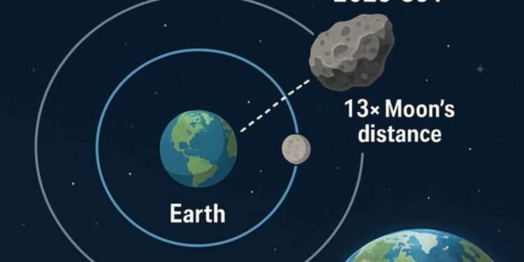 NASA: Two Massive Asteroids to Pass Earth Safely Aug 8 1 Illustration showing two giant asteroids, 2025 OJ1 and 2019 CO1, passing Earth on August 8, 2025, with their distances in Moon units.