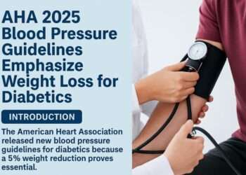 Doctor checking a diabetic patient’s blood pressure with a monitor, highlighting 130/80 mmHg target, fruits, vegetables, and scale symbolizing 5% weight loss.