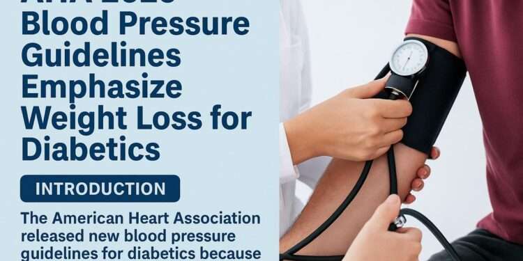 AHA 2025: New Blood Pressure Guidelines for Diabetics 1 Doctor checking a diabetic patient’s blood pressure with a monitor, highlighting 130/80 mmHg target, fruits, vegetables, and scale symbolizing 5% weight loss.