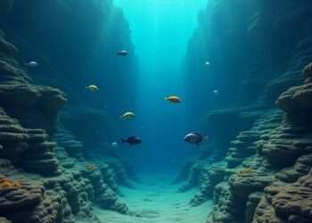 Underwater view of the Atlantic Ocean floor showing ancient layered mud wave formations with colorful tropical fish swimming among marine plants in deep blue water.