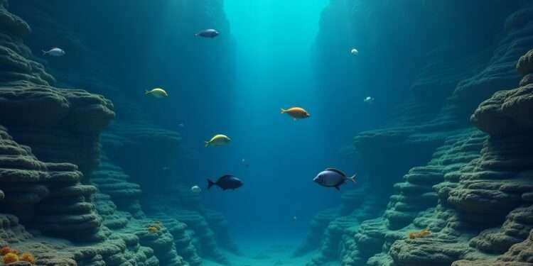 Underwater view of the Atlantic Ocean floor showing ancient layered mud wave formations with colorful tropical fish swimming among marine plants in deep blue water.