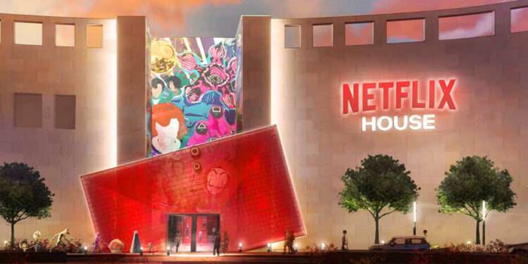 Netflix House Enters Theme Park Game to Rival Disney 1 Exterior view of Netflix House theme park with futuristic red entrance and murals inspired by Netflix originals like Squid Game and Stranger Things.