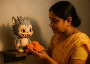 Indian woman in a yellow saree offering marigold flowers to a Labubu doll on a wooden shrine, warm golden lighting, cultural mix-up scene.