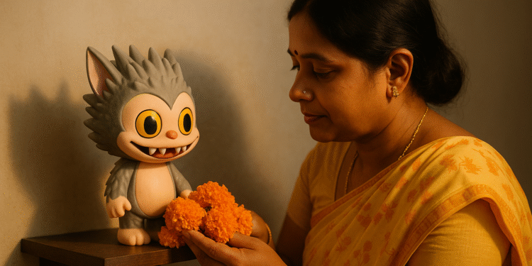 Indian Woman Mistakes Labubu Doll for a Holy Deity 1 Indian woman in a yellow saree offering marigold flowers to a Labubu doll on a wooden shrine, warm golden lighting, cultural mix-up scene.