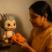 Indian woman in a yellow saree offering marigold flowers to a Labubu doll on a wooden shrine, warm golden lighting, cultural mix-up scene.