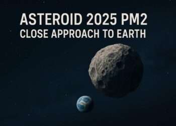Asteroid 2025 PM2 approaching Earth, space rock flyby illustration with planet Earth visible in the background.