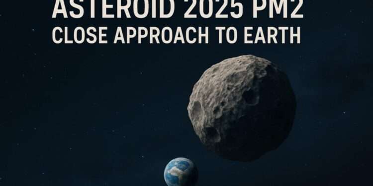 Asteroid 2025 PM2 Flyby: Scientists Track Close Encounter 1 Asteroid 2025 PM2 approaching Earth, space rock flyby illustration with planet Earth visible in the background.