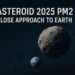 Asteroid 2025 PM2 approaching Earth, space rock flyby illustration with planet Earth visible in the background.