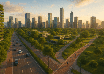 A futuristic smart city skyline at sunset with green parks, cycling lanes, and modern eco-friendly skyscrapers surrounded by trees and sustainable urban design