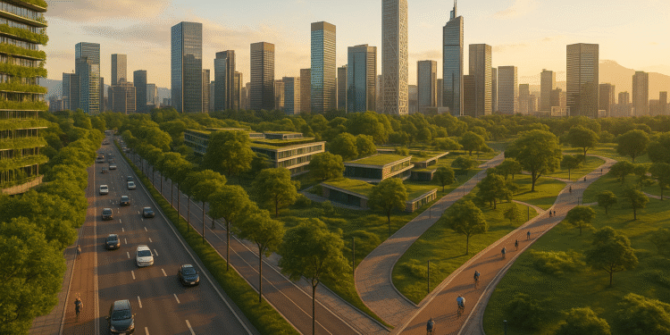 A futuristic smart city skyline at sunset with green parks, cycling lanes, and modern eco-friendly skyscrapers surrounded by trees and sustainable urban design
