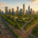 Smart Cities 2025: Global Leaders in Urban Innovation 2 A futuristic smart city skyline at sunset with green parks, cycling lanes, and modern eco-friendly skyscrapers surrounded by trees and sustainable urban design