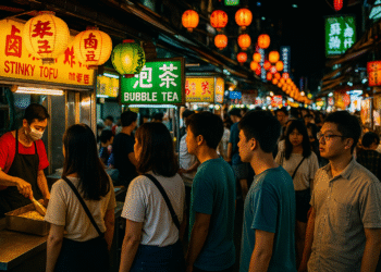 Alt Text: Taipei Shilin Night Market with neon lights, stinky tofu and bubble tea stalls, and crowds of people enjoying street food.