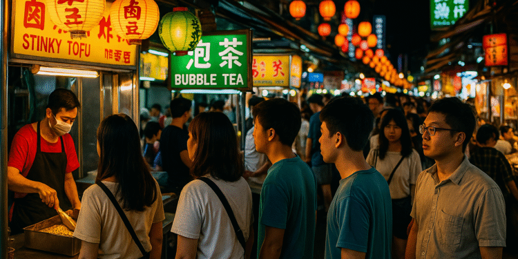 Alt Text: Taipei Shilin Night Market with neon lights, stinky tofu and bubble tea stalls, and crowds of people enjoying street food.