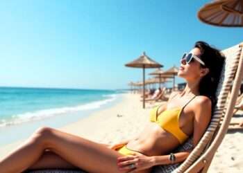 A woman sunbathing on a beach chair in a yellow bikini, wearing white sunglasses, with clear blue sky and sea in the background. Photorealistic beach scene
