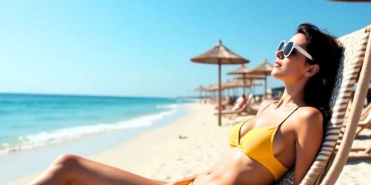 Base Tan Truth: Experts Expose the SPF Myth of Sun Protection 1 A woman sunbathing on a beach chair in a yellow bikini, wearing white sunglasses, with clear blue sky and sea in the background. Photorealistic beach scene