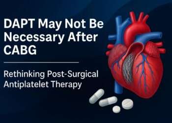 Illustration of a human heart with stent and blood vessels alongside white tablets, highlighting dual antiplatelet therapy (DAPT) after CABG surgery.