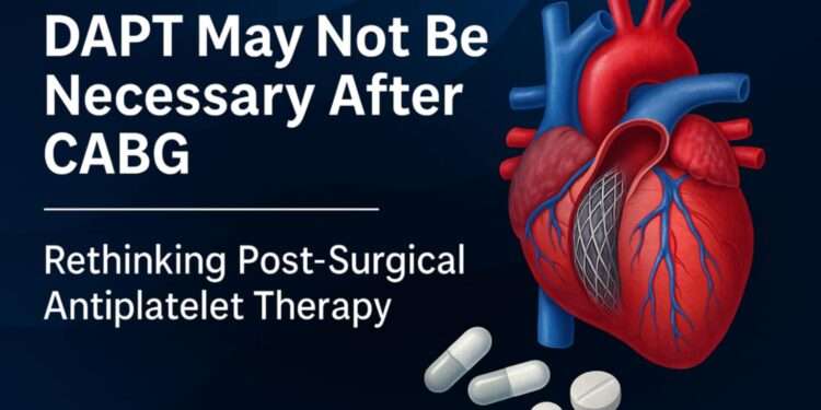 Illustration of a human heart with stent and blood vessels alongside white tablets, highlighting dual antiplatelet therapy (DAPT) after CABG surgery.