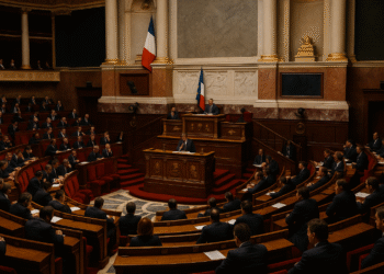 A parliamentary chamber filled with lawmakers seated in rows of red benches, listening to a speaker at the central podium under French flags during a formal political debate.