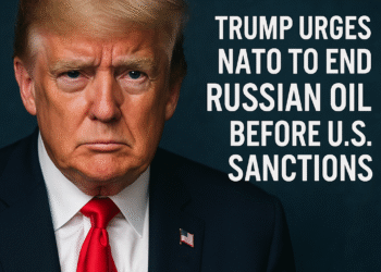 Donald Trump delivering a stern call urging NATO to halt Russian oil purchases before U.S. sanctions, with serious and determined expression