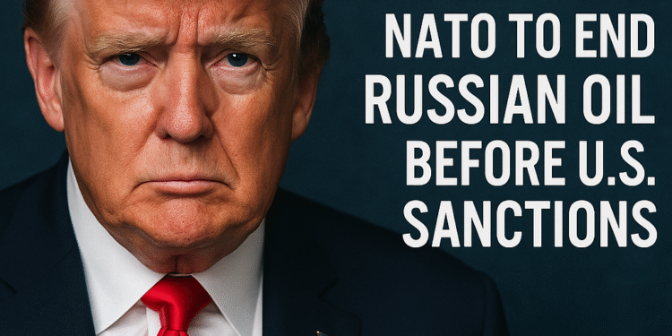 Trump Urges NATO to Halt Russian Oil Buys Pre-Sanctions Now 1 Donald Trump delivering a stern call urging NATO to halt Russian oil purchases before U.S. sanctions, with serious and determined expression