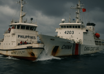 A dramatic collision between a Philippine vessel and a Chinese Coast Guard ship in stormy waters under dark skies, highlighting South China Sea tensions.