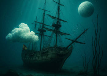 Surreal underwater scene of a 17th-century Spanish galleon resting on the ocean floor with a floating cloud and moon-like sphere in the deep sea.
