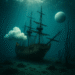 La Fortuna: Discovery of 1748 Spanish Shipwreck 2 Surreal underwater scene of a 17th-century Spanish galleon resting on the ocean floor with a floating cloud and moon-like sphere in the deep sea.