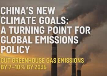 Infographic showing China’s 2035 climate goals with green map of China, emission arrows, and global impact focus.