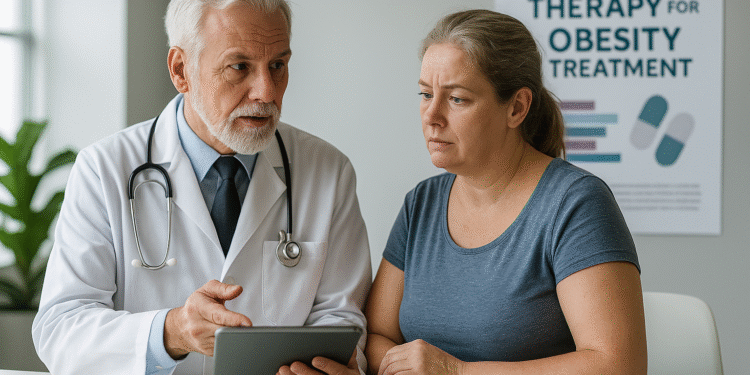 lt Text: "Doctor holding a prescription pad with dual drug therapy notes for obesity treatment, symbolizing modern medical research and weight loss solutions.