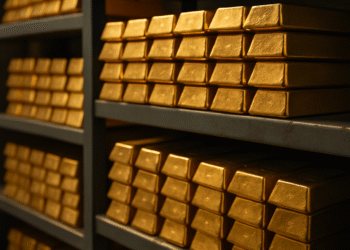 Stacks of gold bars stored in a secure vault, symbolizing record-high gold prices in 2025.