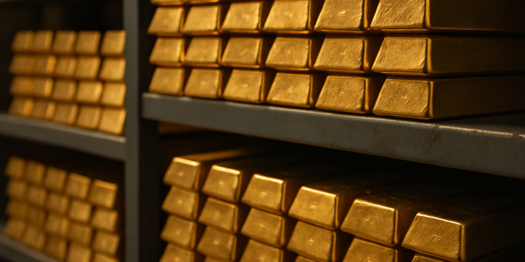 Stacks of gold bars stored in a secure vault, symbolizing record-high gold prices in 2025.