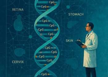 A scientist studies a giant DNA methylation map showing CpG sites and organ-specific aging patterns in retina, stomach, skin, and cervix.