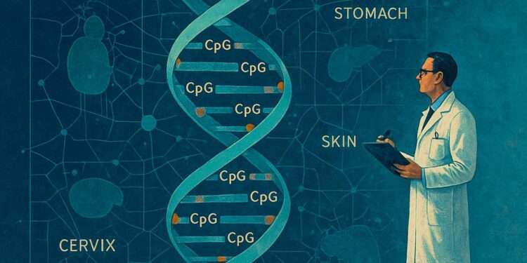 A scientist studies a giant DNA methylation map showing CpG sites and organ-specific aging patterns in retina, stomach, skin, and cervix.