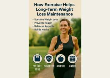A smiling woman jogging outdoors in a park, representing the role of exercise in sustaining long-term weight loss, preventing regain, balancing appetite, and building healthy habits.