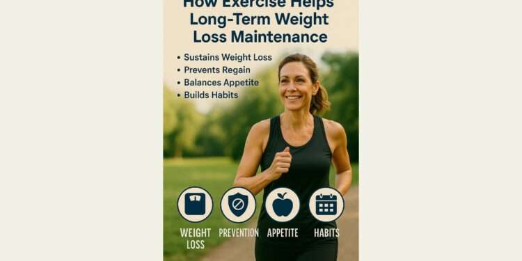 How Exercise Helps Long-Term Weight Loss Maintenance 1 A smiling woman jogging outdoors in a park, representing the role of exercise in sustaining long-term weight loss, preventing regain, balancing appetite, and building healthy habits.