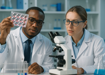 Two scientists in a modern laboratory reviewing digital imaging scans related to bone growth and genetic research for achondroplasia treatment.
