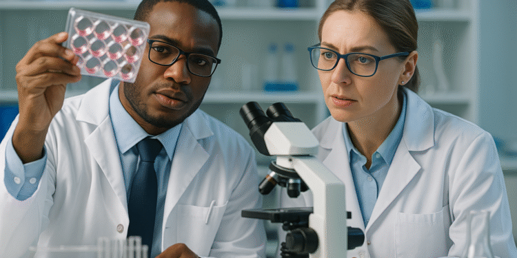 Two scientists in a modern laboratory reviewing digital imaging scans related to bone growth and genetic research for achondroplasia treatment.
