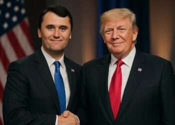 Charlie Kirk and former U.S. President Donald Trump stand side by side, smiling and shaking hands in front of a blurred American flag under warm studio lighting.