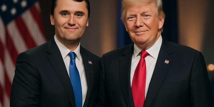 Charlie Kirk and former U.S. President Donald Trump stand side by side, smiling and shaking hands in front of a blurred American flag under warm studio lighting.