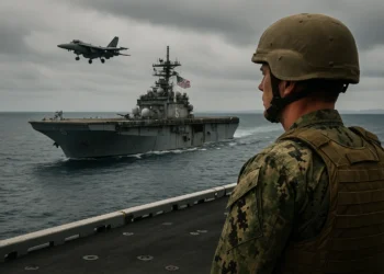 A realistic photo-style image of a U.S. Navy warship sailing in the Caribbean Sea with the American flag flying, while a stealth fighter jet passes overhead in a clear blue sky.