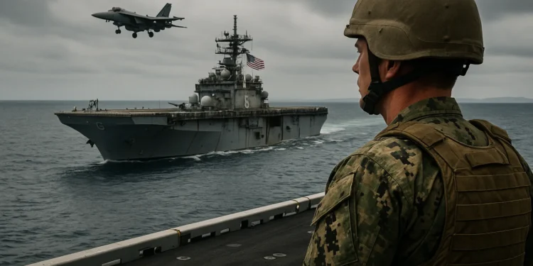 A realistic photo-style image of a U.S. Navy warship sailing in the Caribbean Sea with the American flag flying, while a stealth fighter jet passes overhead in a clear blue sky.